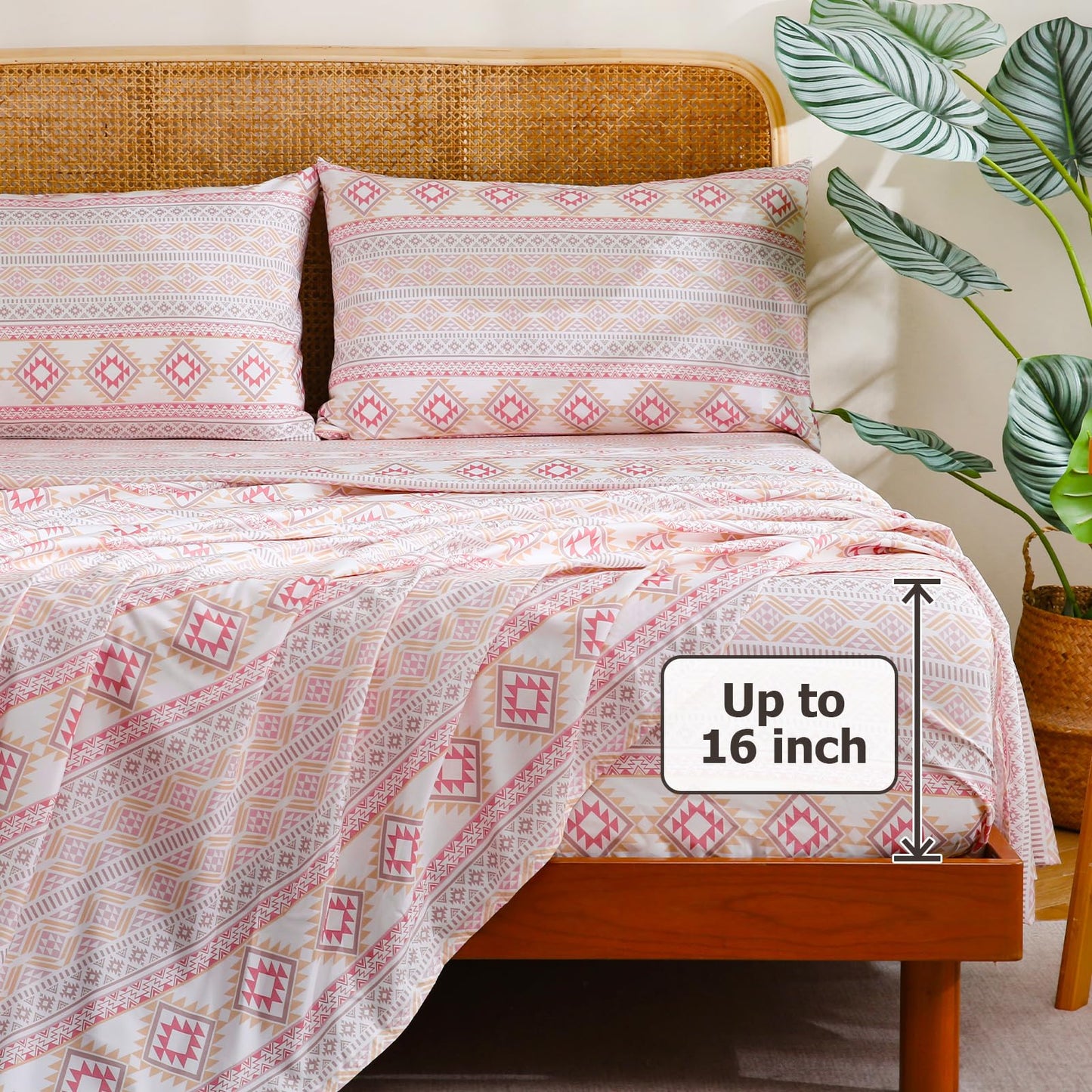 CozySmile Boho Sheet 4 Pieces Queen Sheet Set Bohemian, Boho Sheets Soft Microfiber Deep Pocket, Western Sheets Geometric(Queen, Pastel Pink Geometric)