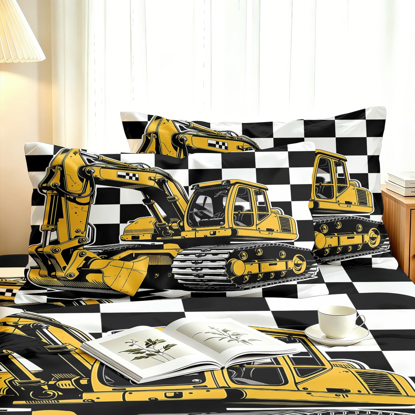 Excavator Bedding Set 4 Pcs Construction Vehicle Queen Sheets, White Orange