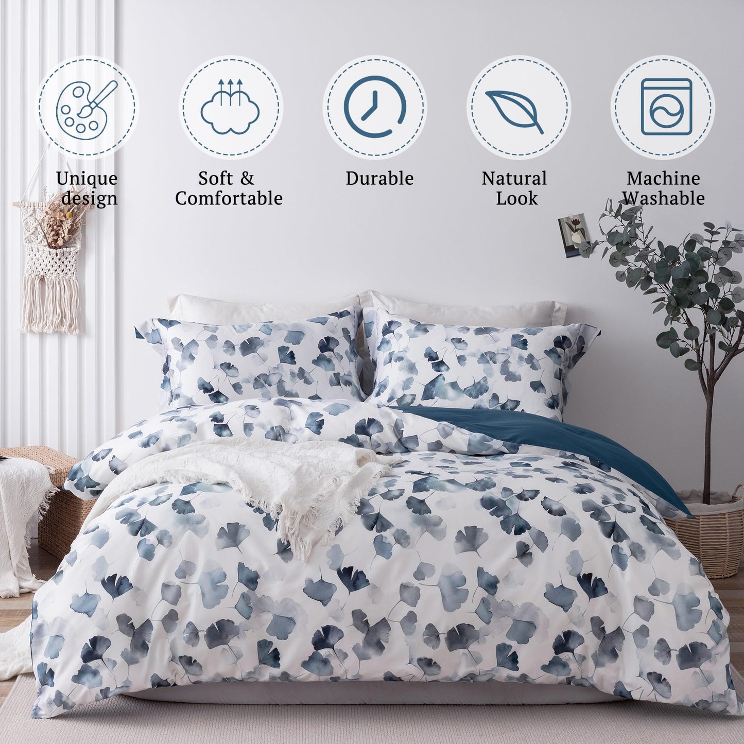 MILDLY 100% Long-Staple Cotton Duvet Cover Set Light Navy Ginkgo Leaf Pattern Printed Comforter Cover 3pcs, Ultra Soft & Breathable Bedding Set
