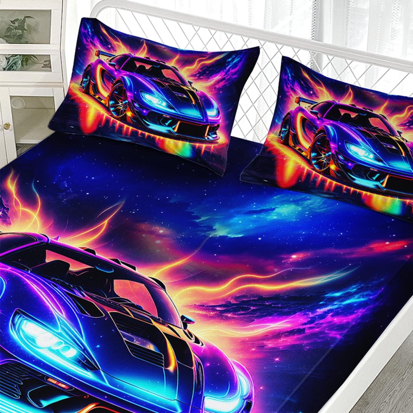 AILONEN 3D Gorgeous Racing Car Fitted Sheet Set Twin Size,Modern Race Car Bedding Set for Kids,Boys,Extreme Sports Theme Bed Sheet Set,Milky Way Bedsheets Set,1 Fitted Sheet 2 Pillowcases,3-Piece