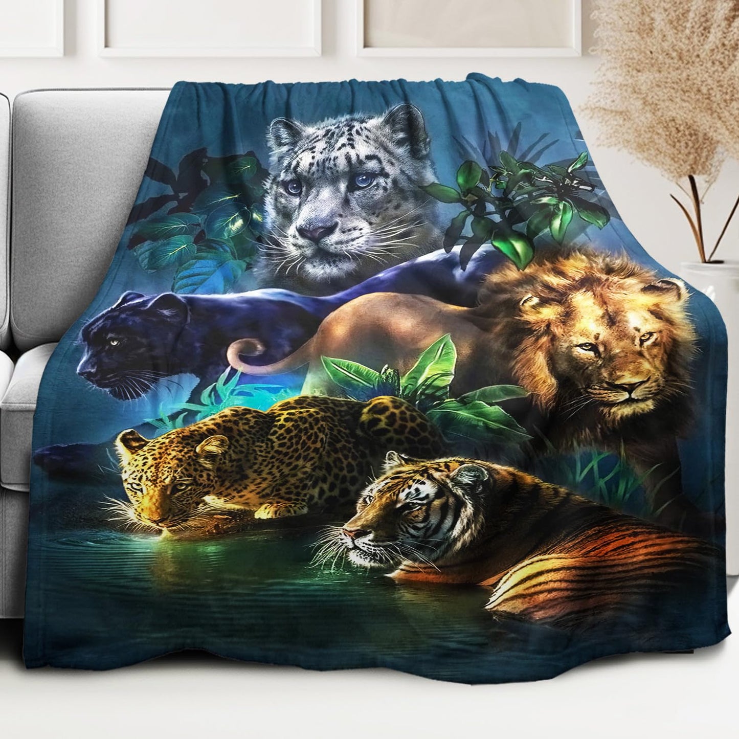 HommomH Wild Animals Blanket 50” x 80”, Big Cats Theme Tiger Leopard Lion Panther Print, Soft Cozy Fleece Throw Blankets for Couch Sofa Bed