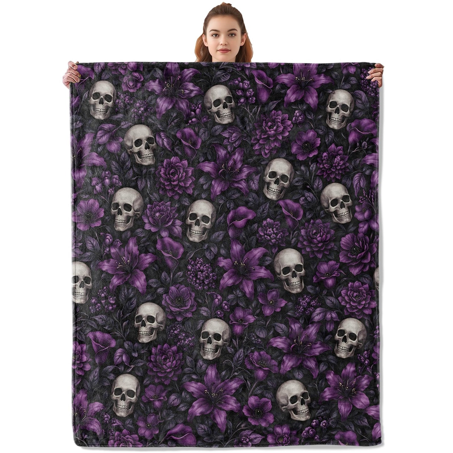 Kibue Gothic Skull Purple Floral Blanket, Soft Dark Flowers Flannel Throw Gifts for Women Teens Adults, Warm Cozy Lightweight Blankets for Travel, Decor, Office 60"×50"
