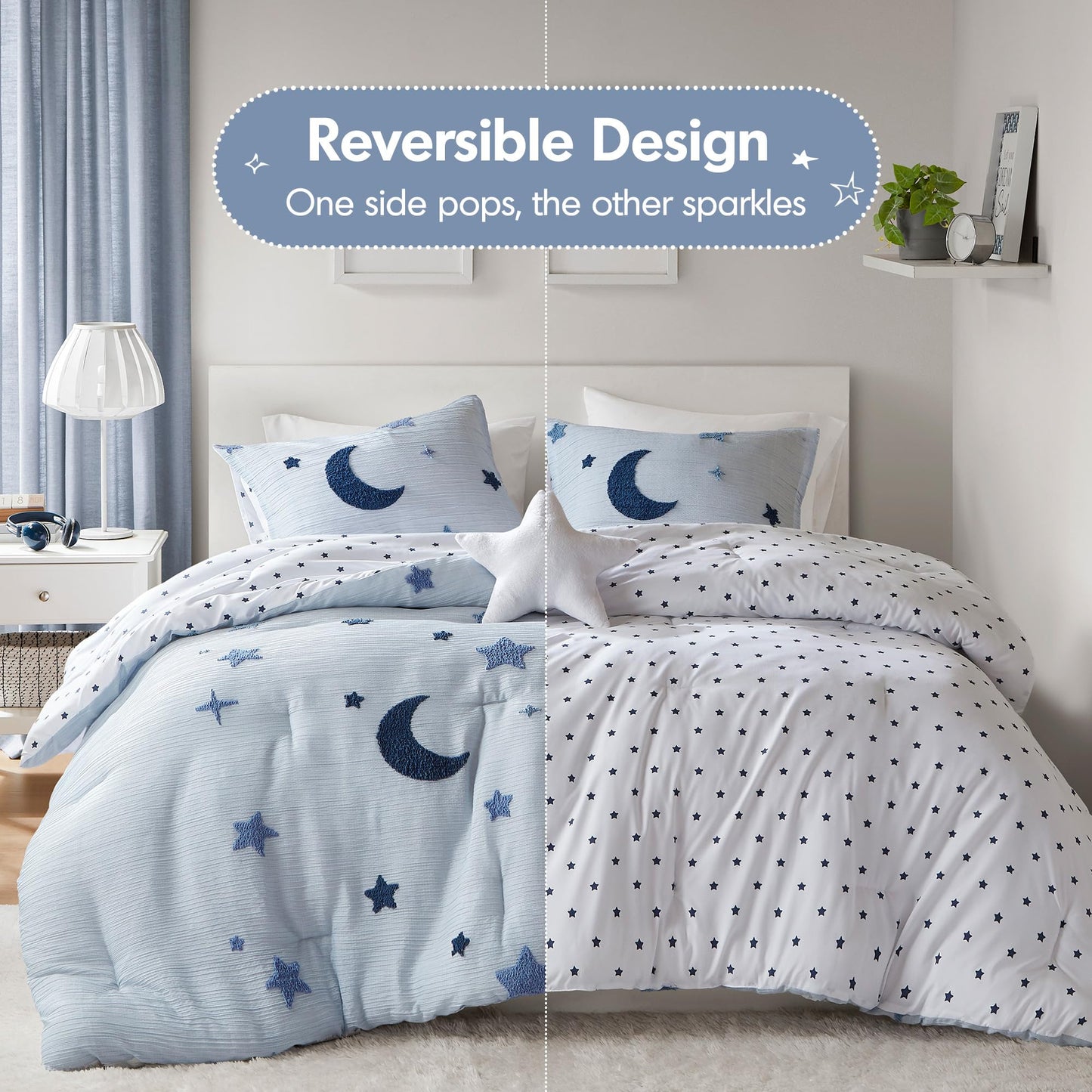 Intelligent Design Kids Cosmos Twin Size Comforter Set – Blue Star and Moon Tufted Chenille, Reversible 3-Piece Bedding with Star Pillow