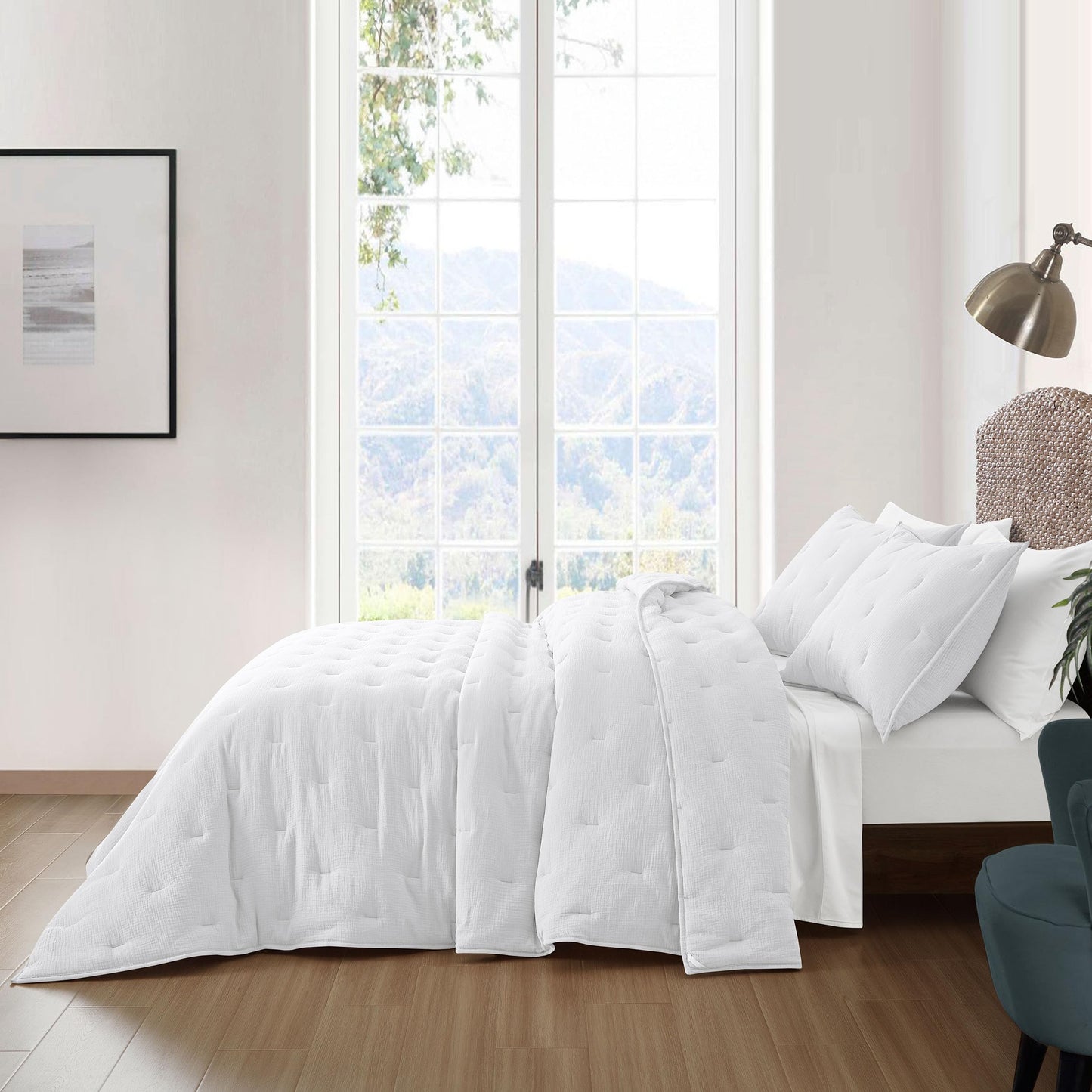COZYXWORLD Pre-Washed 100% Cotton Muslin Gauze Comforter Set, 3 Piece Full/Queen Quilt Set, Duvet Insert with Corner Loops, 1" Line Quilted, White