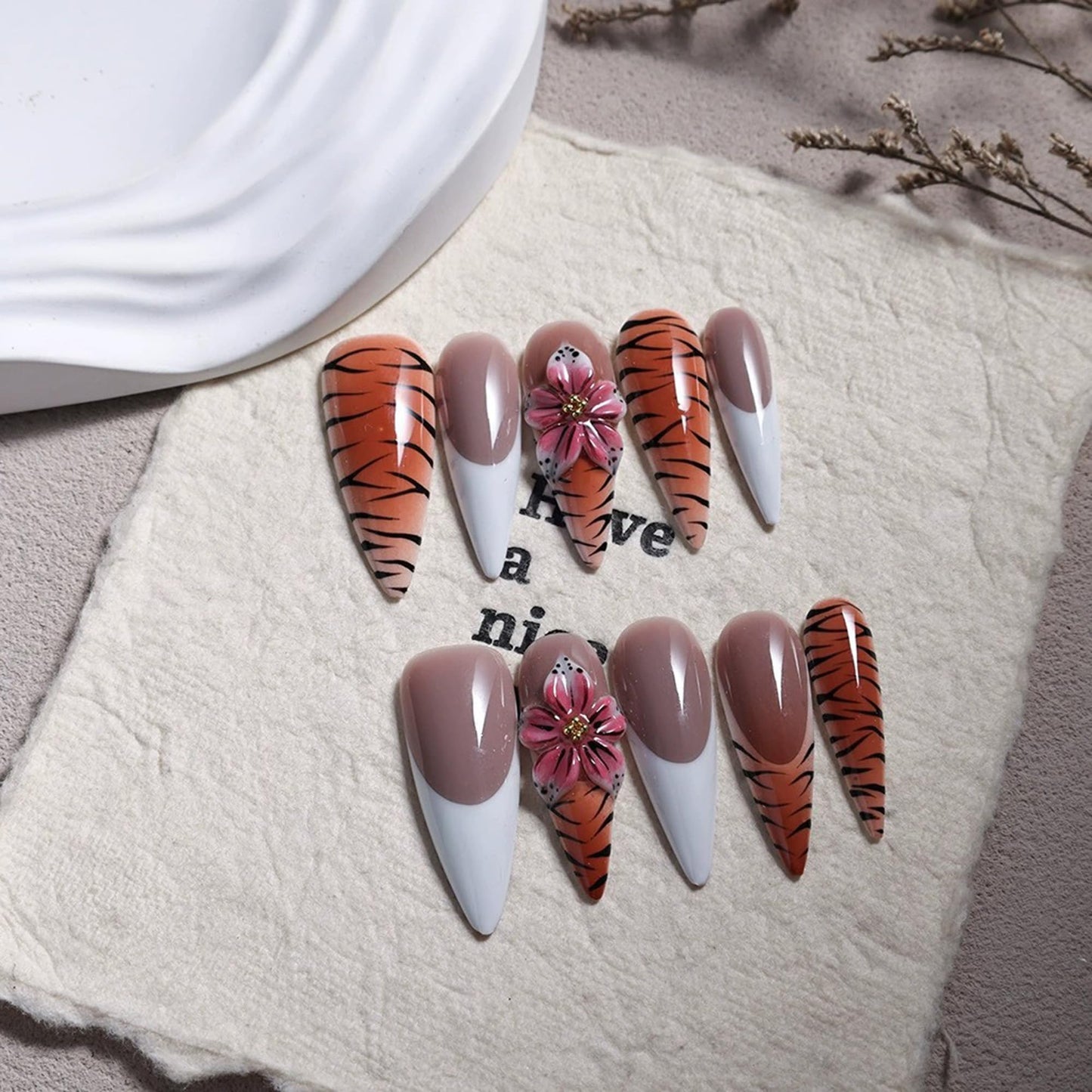 White French Tip Fake Nails Long Almond Handmade Press on Nails Leopard Full Cover False Nails with 3D Flower Designs 10Pcs Acrylic Nails Press Ons Luxury Reusable Stick on Nail for Women (Size M)