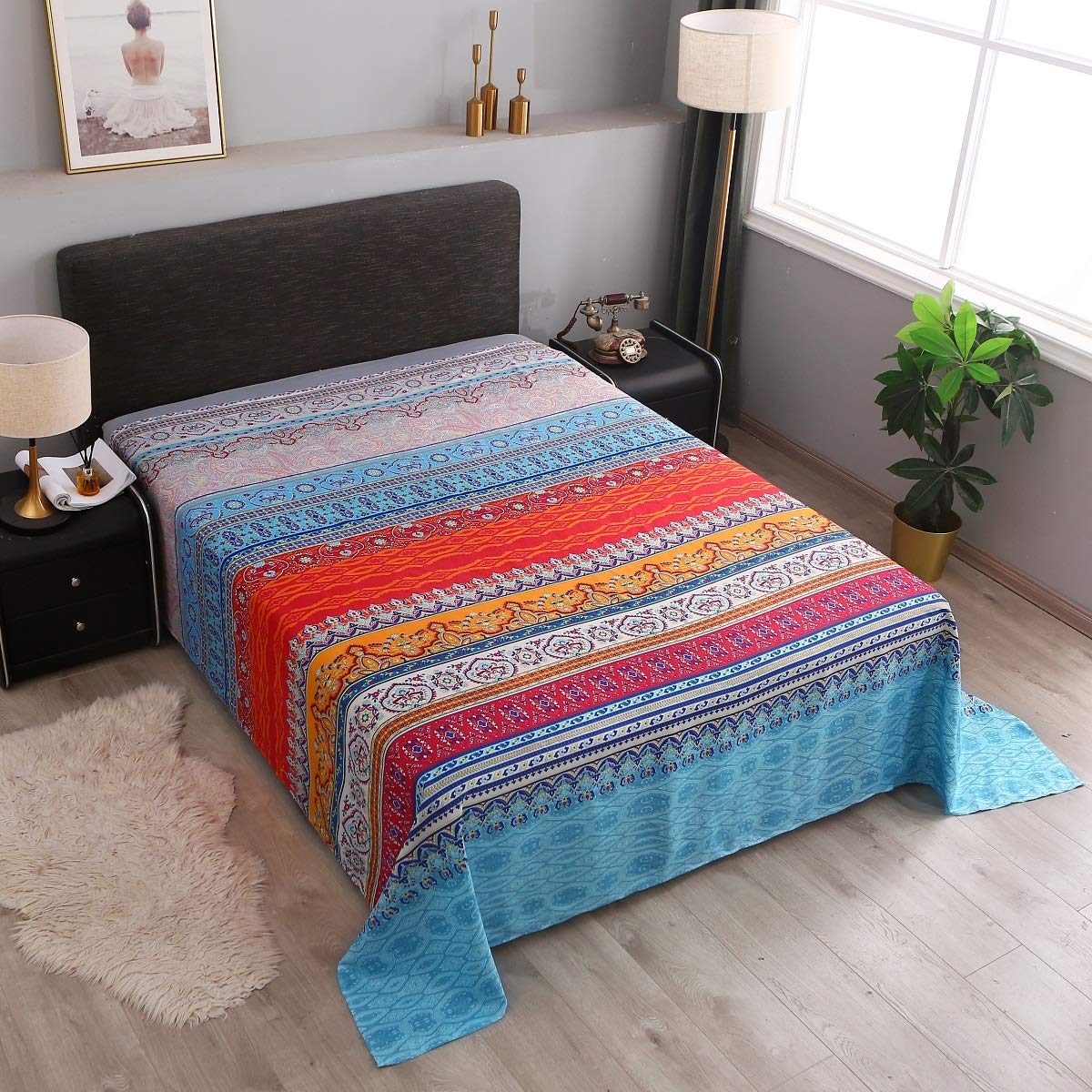 Pangzi Bohemian Sheet Set,Retro Bed Sheets 16 inch Deep Pockets,1 Fitted Sheet, 1 Flat, 2 Pillow Cases - 4 Piece (Queen, A)