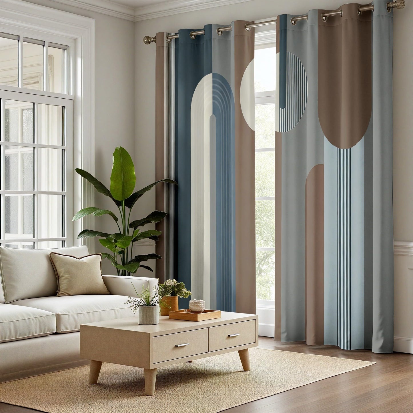 Geometric Curtains for Bedroom, Abstract Contemporary Curtains 95 Inches Long, Arch Line Striped Drapes for Living Room, Mid Century Modern Curtain Blackout, Grommet Room Darkening Curtain 2 Panels
