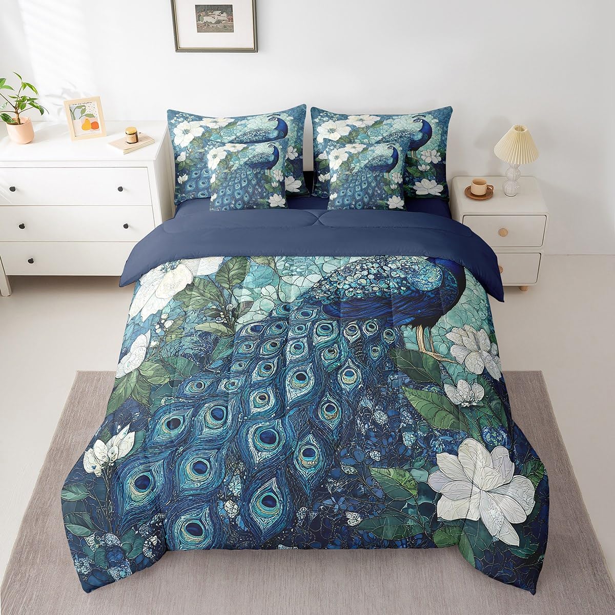 Erosebridal Teal Peacock Bedding Set for Kids Teens,Elegant Bird Comforter Set King Size,Oil Painting Floral (Comforter+Fitted+Flat Sheet+2 Pillowcases+2 Throw Pillow Covers) 7 Pieces Bed Set