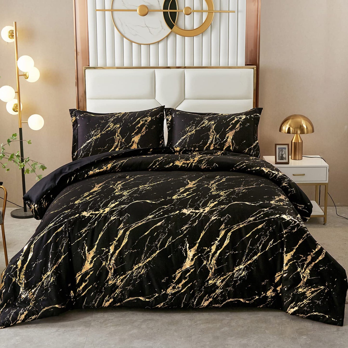 WONGS BEDDING Black Gold Metallic Marble Comforter Set Queen Foil Print Glitter Bedding Sets with 2 Pillowcases for All Seasons, Soft Microfiber Filling Bedding Duvet Set 90"x90"