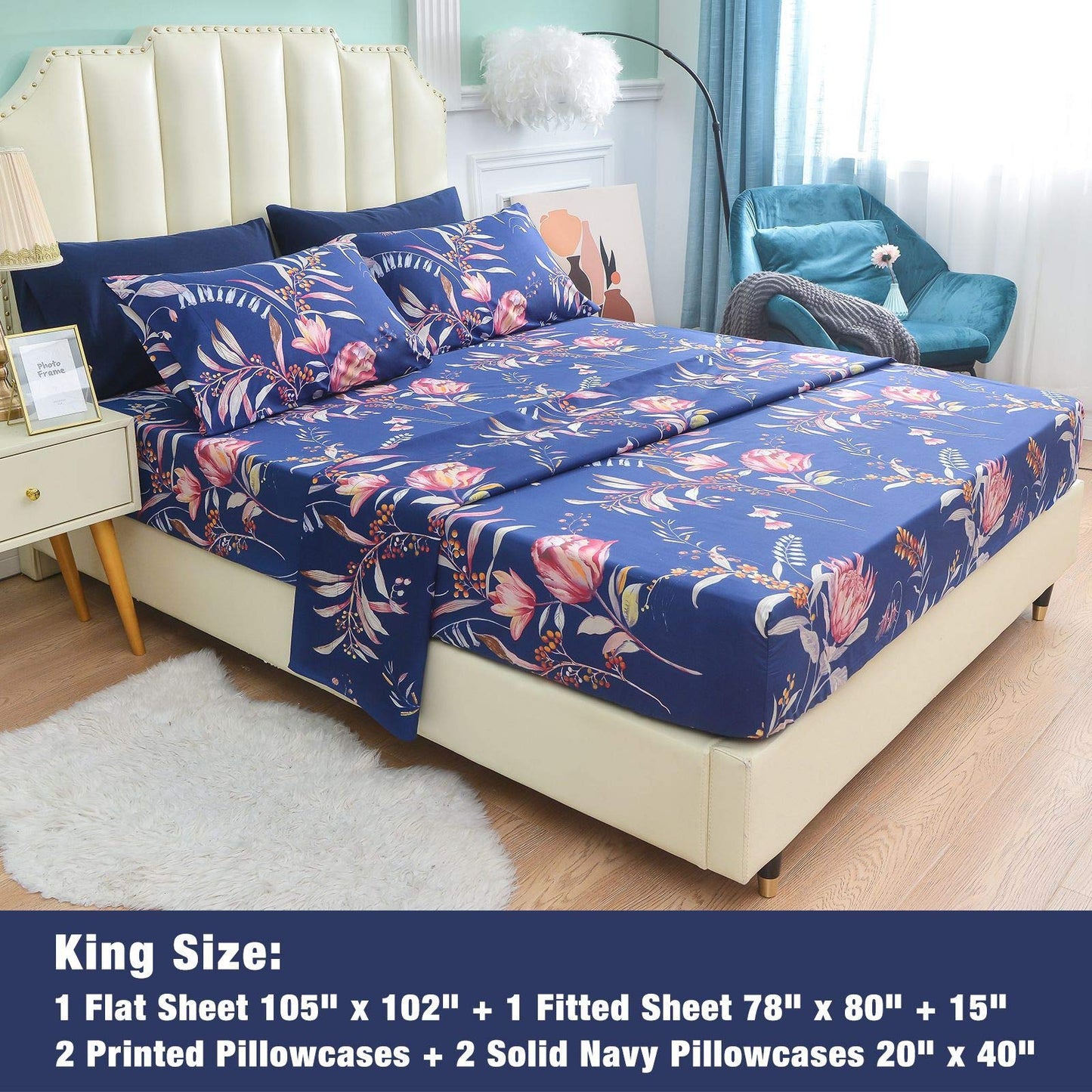 JSD Navy Blue Floral Printed King Sheet Set, 6 Piece Botanical Pattern Microfiber Sheets Extra Deep Pocket