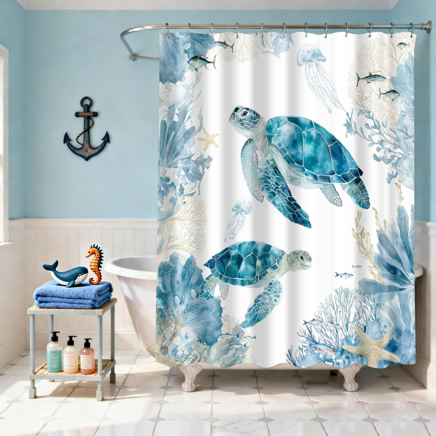 TYTYUU Sea Turtle Shower Curtain for Bathroom, Ocean Themed, Blue, 72x72In