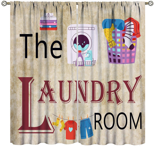 Laundry Room Curtains,Vintage Farmhouse Rustic Wash Dry Clothes Home Decor Drapes for Living Room Kitchen Window Treatment 2 Panels Set Total Size 42" W X 45" L Inch