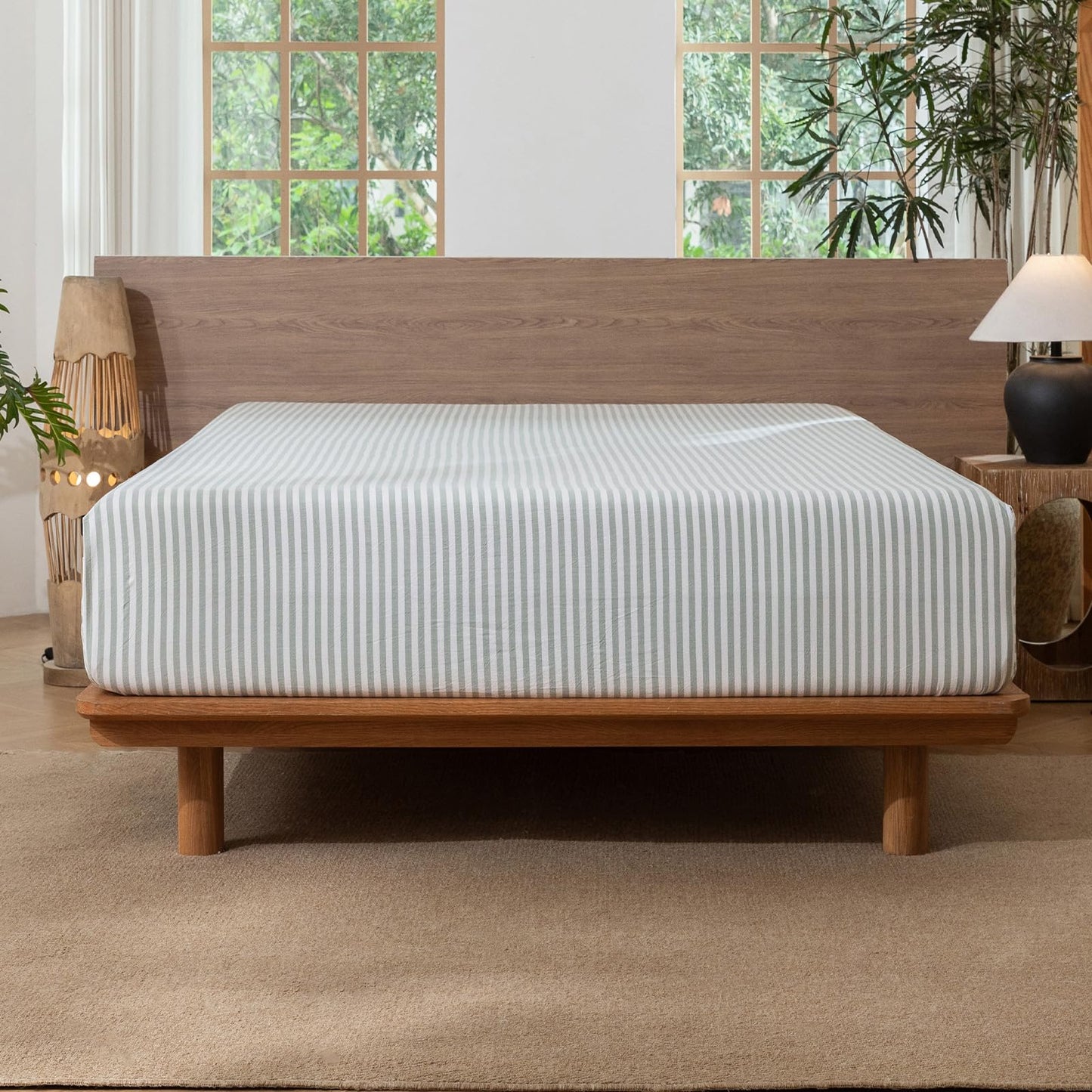 MooMee Striped Fitted Bottom Sheet Only 100% Washed Cotton Linen Like Textured Breathable Durable Soft Comfy Deep Pocket Fits Mattress up to 17" (Sage Green White Classic Stripes, Queen)