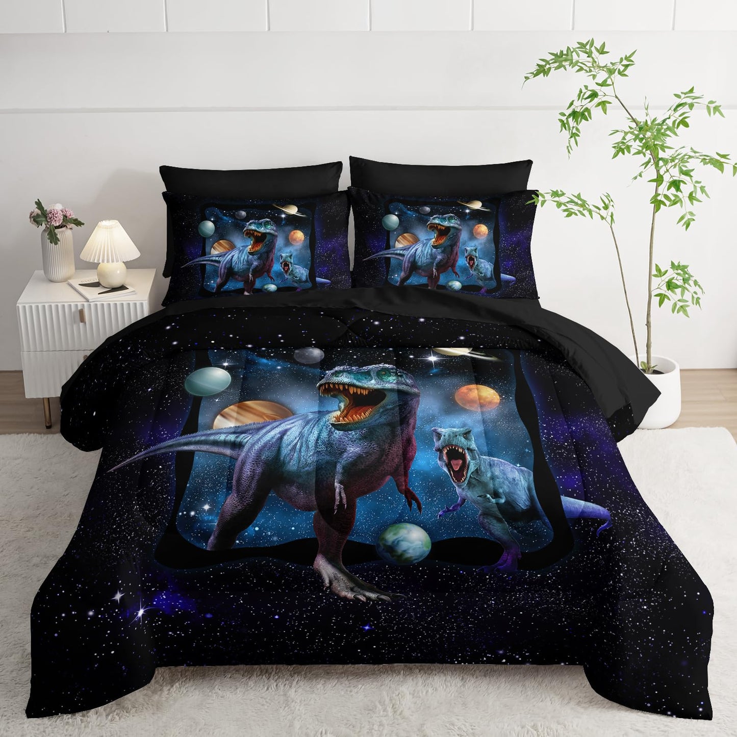 AILONEN Kids Dinosaur Comforter Set Twin Size,7Pcs Space Galaxy Bed in a Bag,Planet Dinosaur Bedding Print Boys Comforter & Fitted Sheet & Flat Sheet & 2 Pillowcases,2 Pillow Shams
