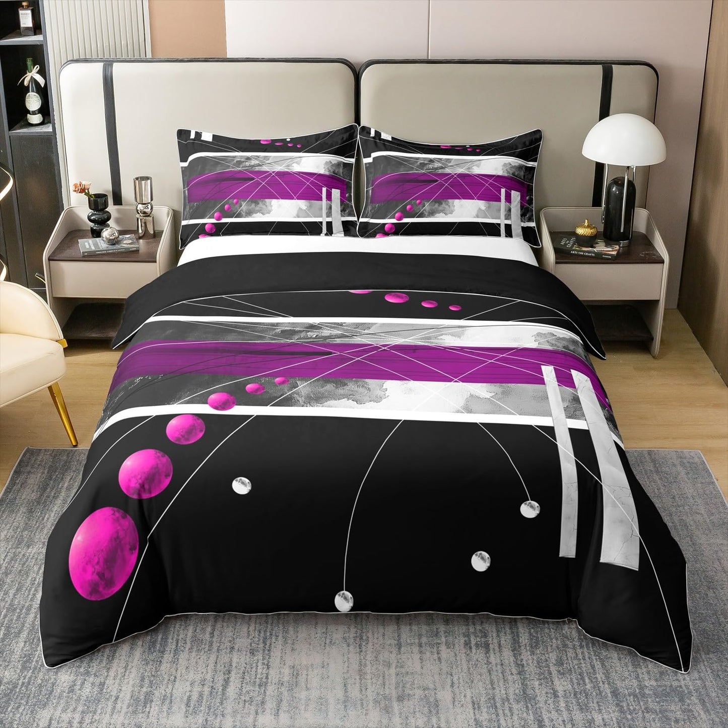 jejeloiu Purple Coal Black Duvet Cover 100% Cotton King Size Kids Abstract Geometric Comforter Cover for Boys Girls Teens Modern Art Bedding Set Breathable Soft Room Decor
