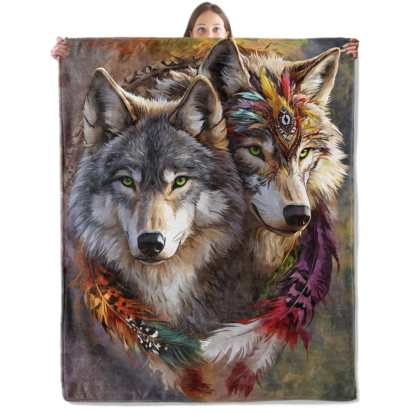 xmwjfd Tribal Wolf Pair Blanket, Cozy Plush Throw Blanket for Couch Bedroom Outdoor, Lightweight Soft Flannel Travel Blankets, Gifts for Women Adults Kids, Warm Decor 50"×60"