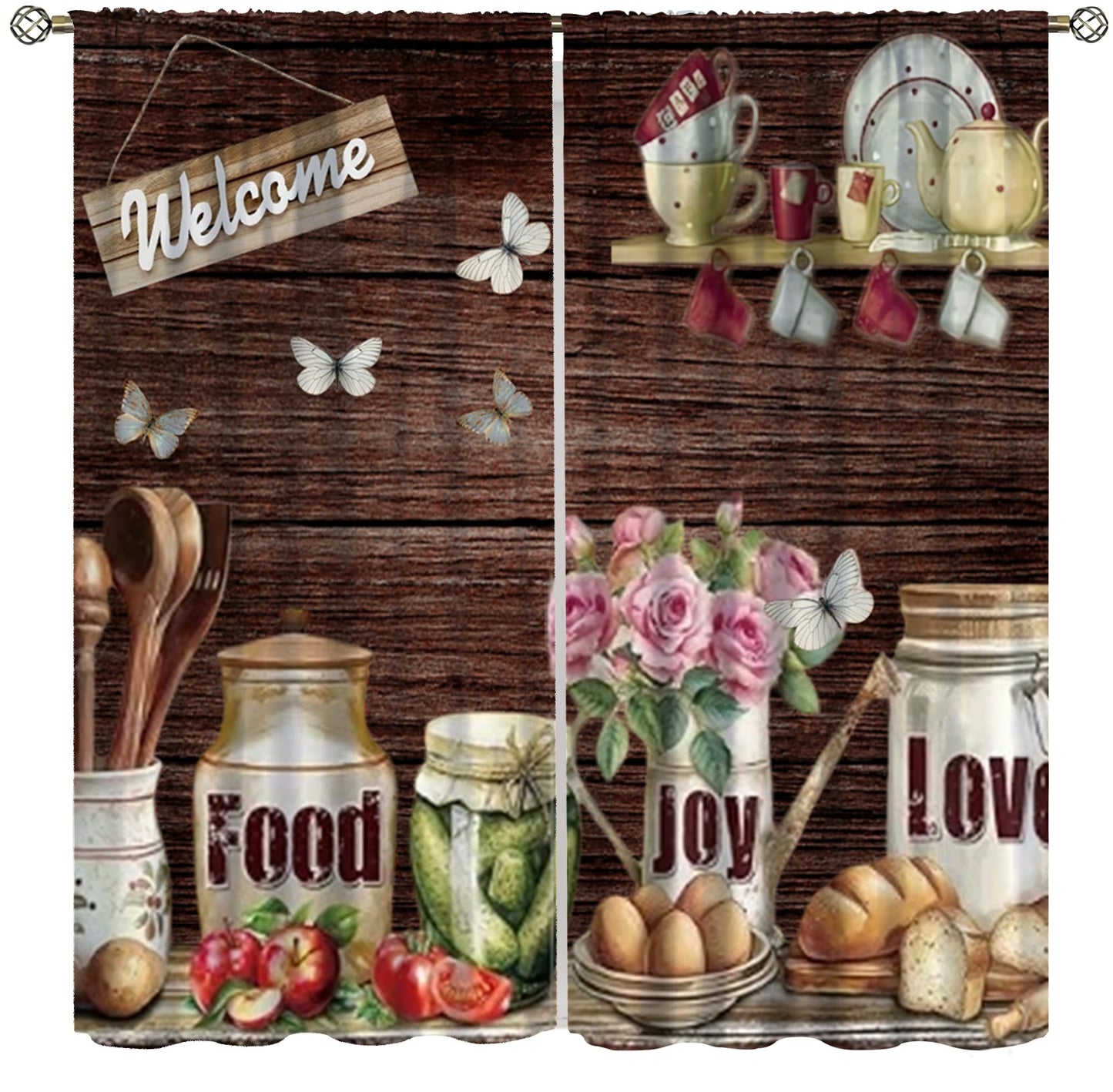 Farmhouse Vintage Curtains Rustic Retro Plank Tableware Ingredients and Fruits Wood Rod Pocket Window Treatments for Kitchen Living Dining Room Bedroom 2 Panel Set 41" x 45" (No Blackout)