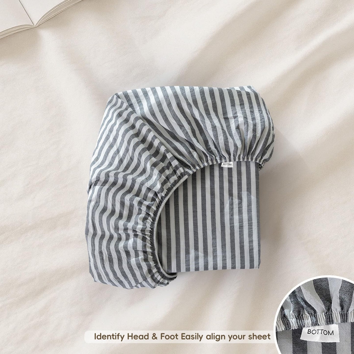 MooMee Striped Fitted Bottom Sheet Only 100% Washed Cotton Linen Like Textured Breathable Durable Soft Comfy Deep Pocket Fits Mattress up to 17" (Dark Grey White Classic Stripes, Queen)