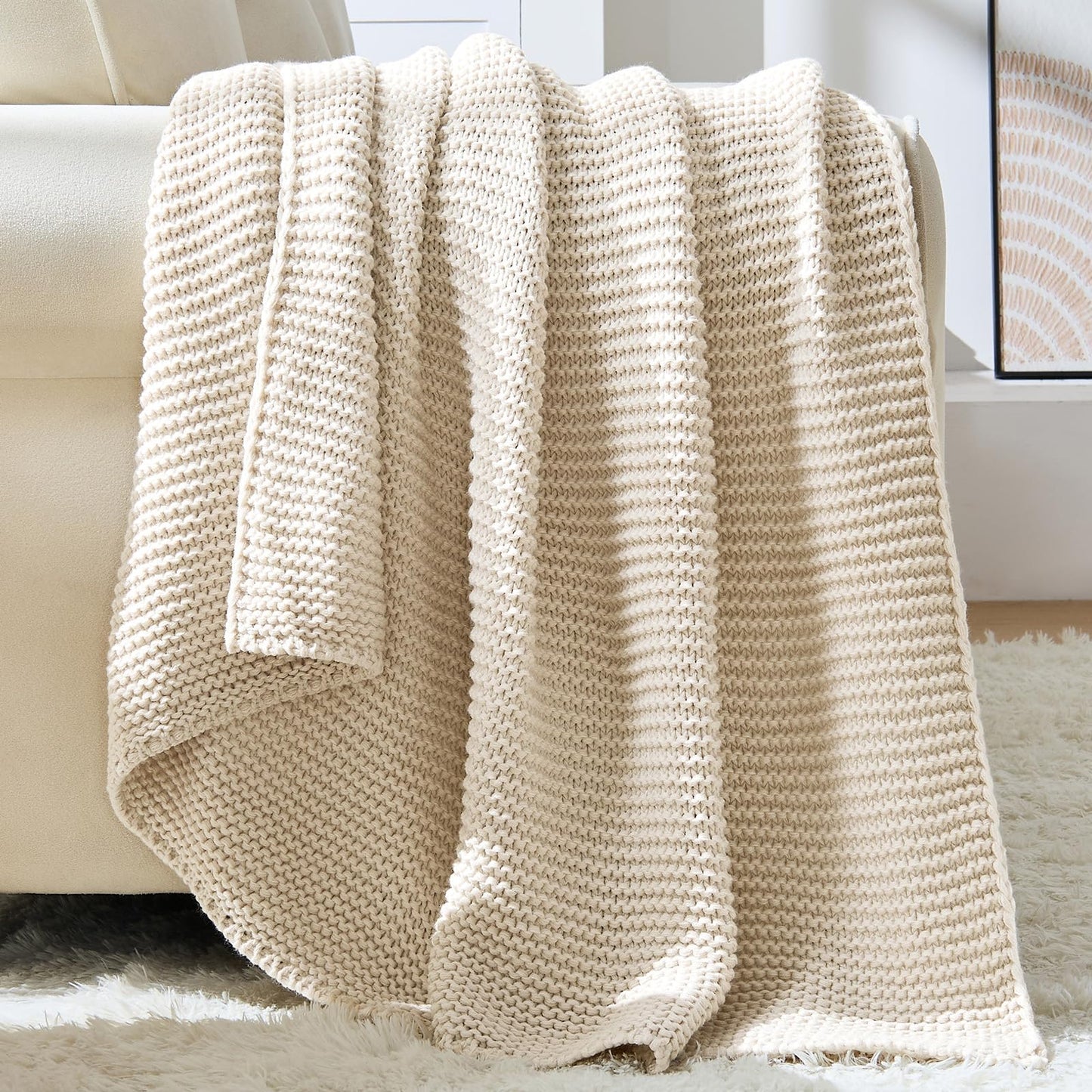 Cable Knit Throw Blanket for Couch, Beige Throw Blanket, Soft Cozy Stretchy Reversible Garter Knitted Blankets for Bed, 50"x60", Light Beige