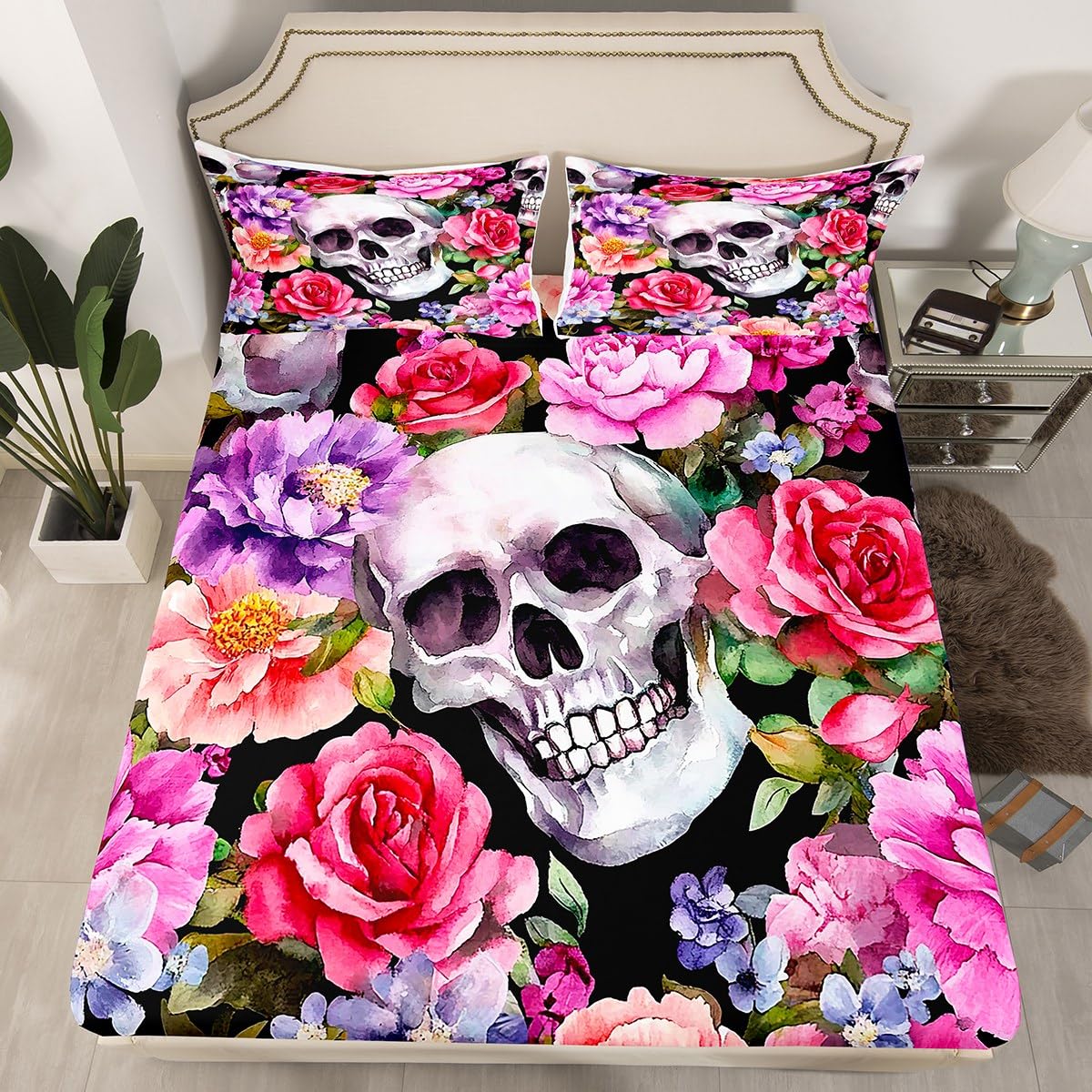 Feelyou Kids Sugar Skull Bedding Set Full Size, Gothic Skeleton Fitted Sheet Boys Girls Rose Floral Flower Bed Sheet Set for Bones Teens Bed Cover Bedroom Decor Bed Set 3Pcs (No Flat Sheet)