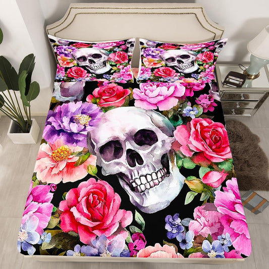 Feelyou Kids Sugar Skull Bedding Set Full Size, Gothic Skeleton Fitted Sheet Boys Girls Rose Floral Flower Bed Sheet Set for Bones Teens Bed Cover Bedroom Decor Bed Set 3Pcs (No Flat Sheet)