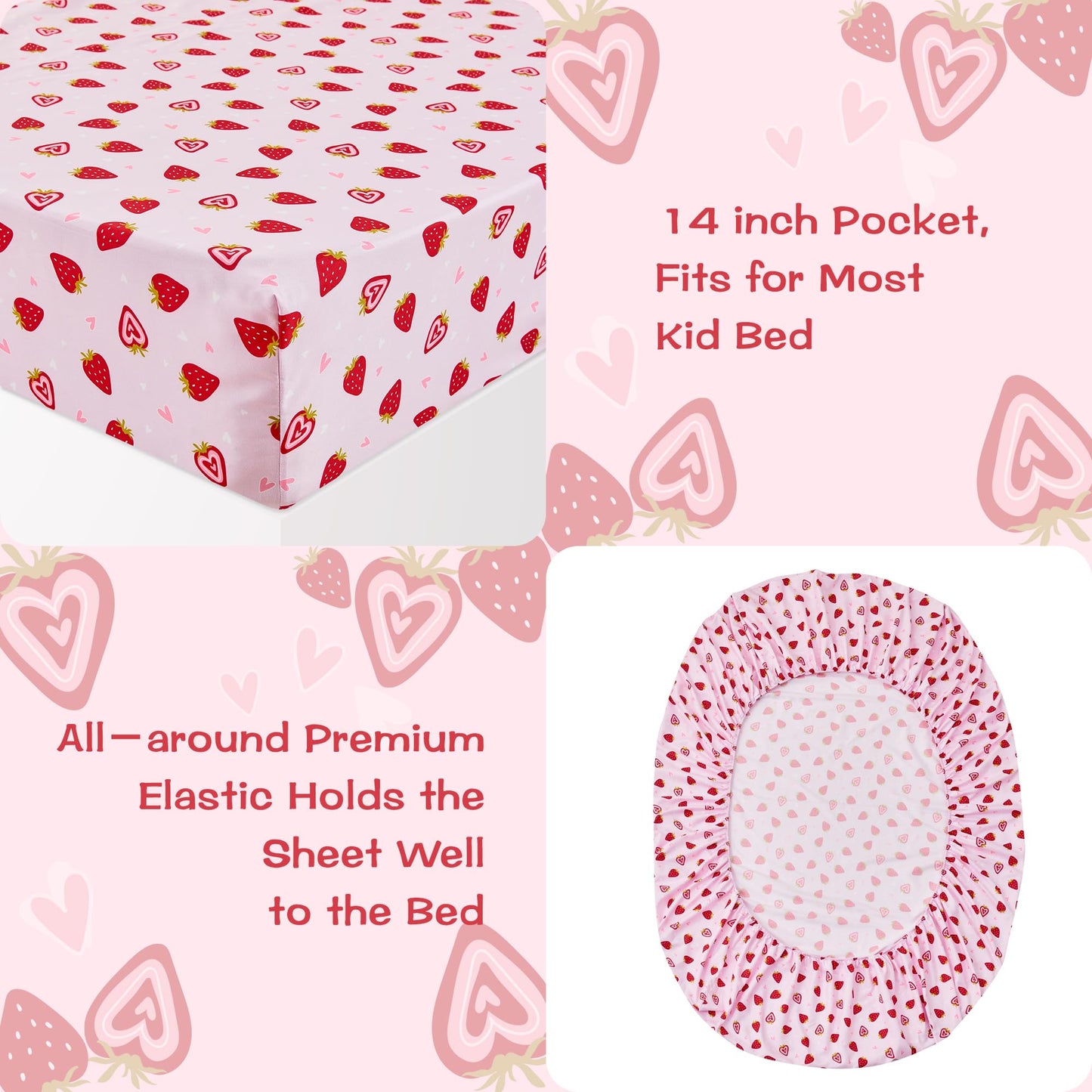 lasoftan Pink Strawberry Printed Kids Sheet Set Twin Size, 3 Pcs Breathable & Silky Soft Microfiber Kids Fitted Sheet, Bed Sheets with 15" Deep Pocket for Boys and Girls