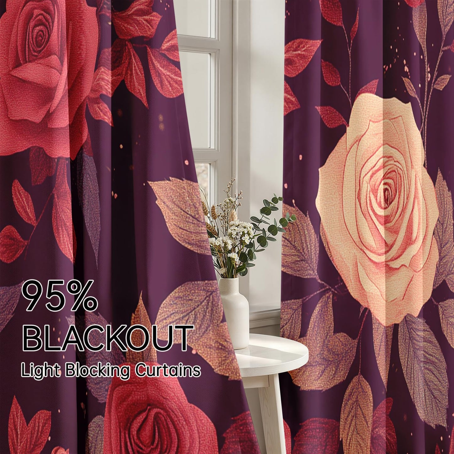 Mistwalk Girls Romantic Rose Blackout Curtains 84 Inches Long, Patterned Curtains for Bedroom & Living Room, Room Darkening Thermal Insulated Grommet Drapes, Vintage Purple Floral Window Treatments