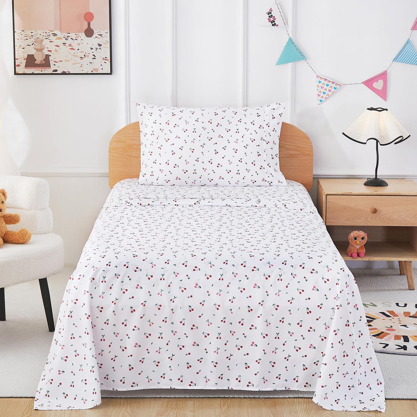 lasoftan Kids Sheet Set Twin Size, Twin Sheet Set with Little Cherry Pattern，Breathable Silky Soft Microfiber Kids Fitted Sheet
