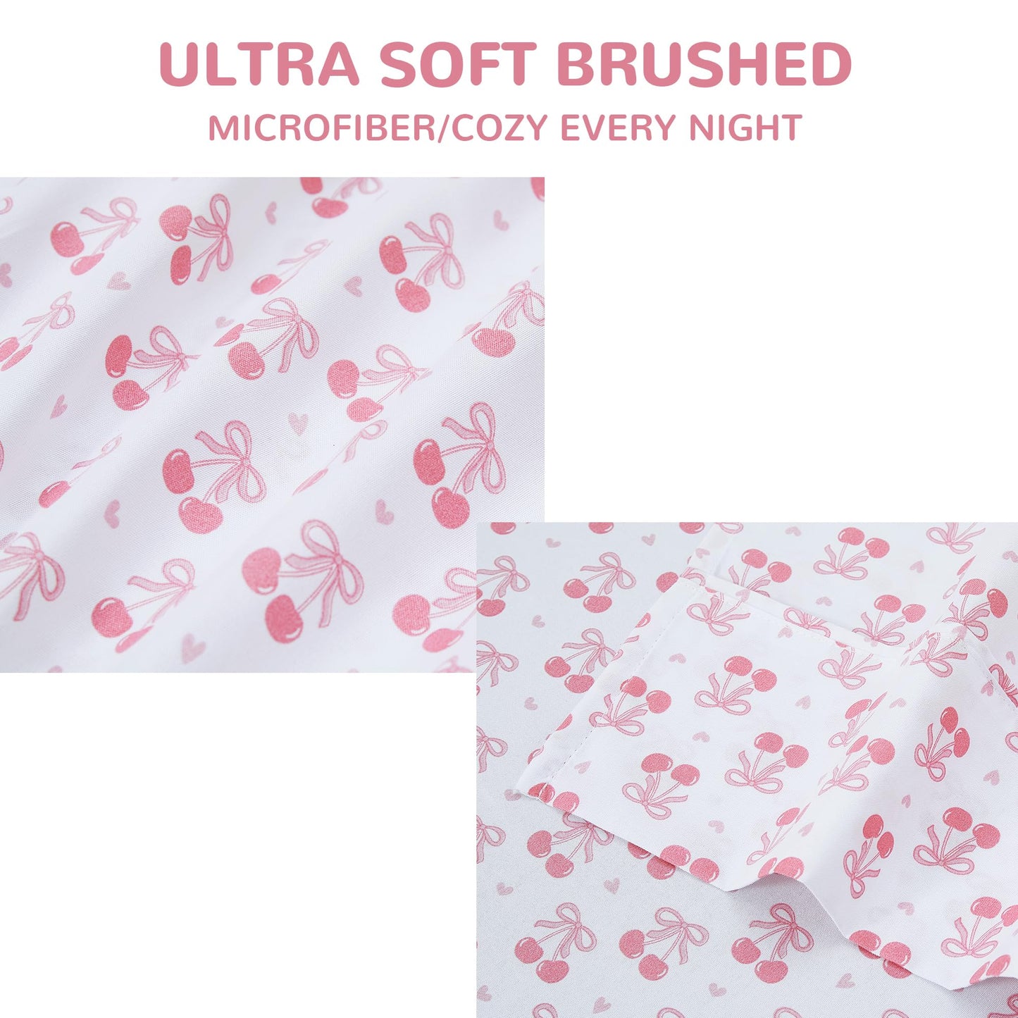 Viviland 3 Pieces Girls Pink Twin Sheet Set - Soft Microfiber Fitted Flat Sheets & Pillowcase - Pink Cherry Bow Print Bedding Sets - for Kids & Toddlers