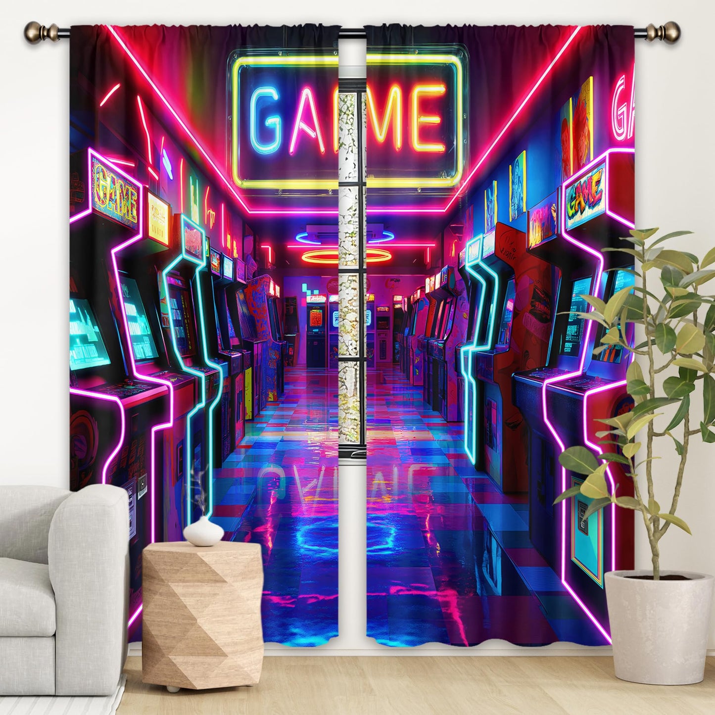 LIGHTINHOME Neon Arcade Game Curtains 52Wx84H Inch Extra Wide Gamer Gaming Cool 80s 90s Bedroom Decor for Boys Kids 2 Panels Rod Pocket Living Room Window Drapes Treatment Fabric