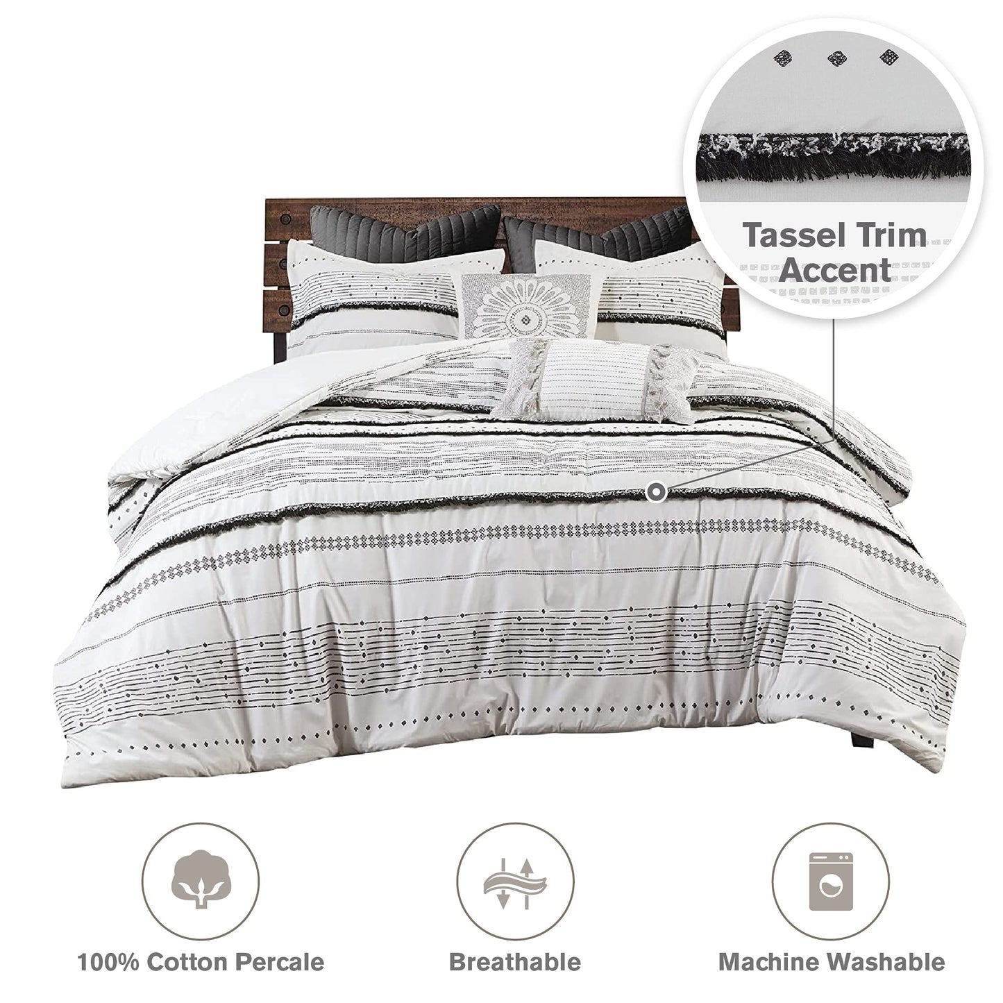 INK+IVY Nea 100% Cotton Duvet Set Mid Century Modern Design, All Season Comforter Cover Bedding Set, Matching Shams, King/Cal King, Stripes Teasel White 3 Piece