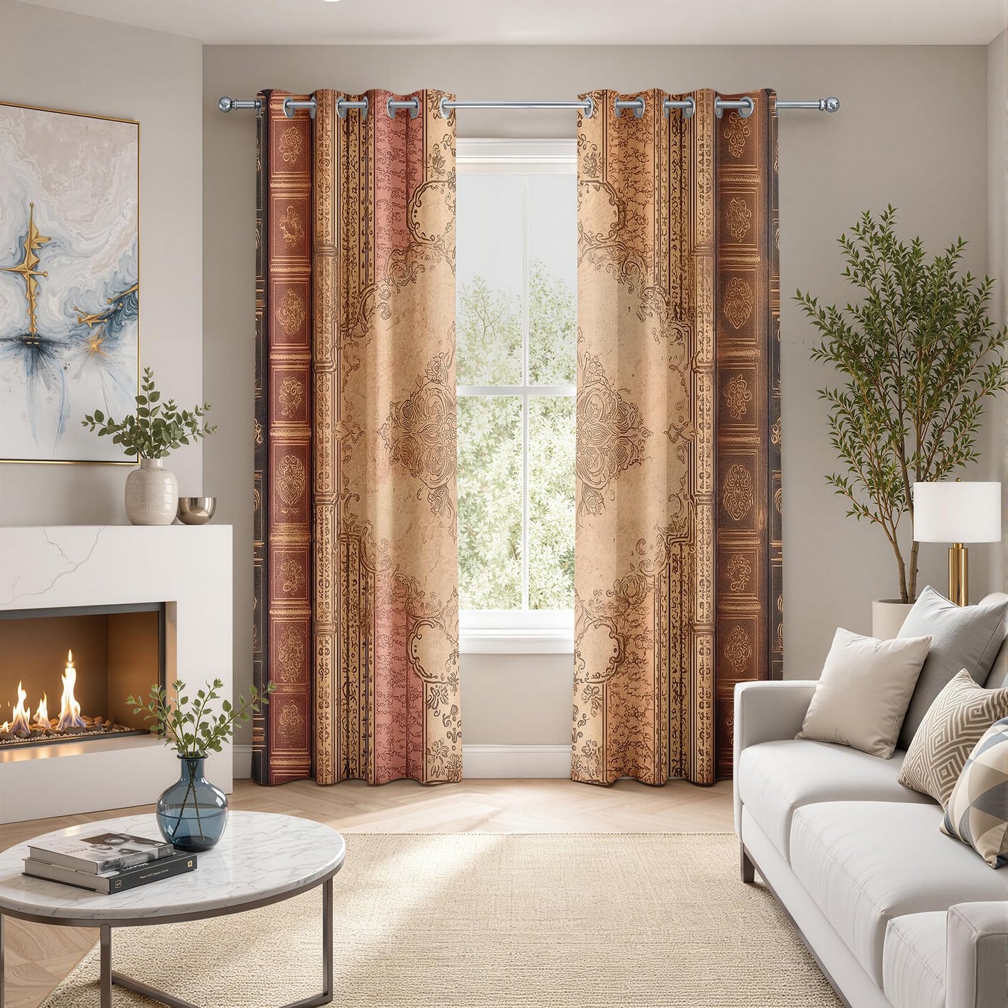 Damask Curtains 63 Inch Length 2 Panels Set, Vintage Antique Book Spine Baroque Floral Patterned Blackout Curtains for Kitchen, Thermal Insulated Room Darkening Grommet Drapes