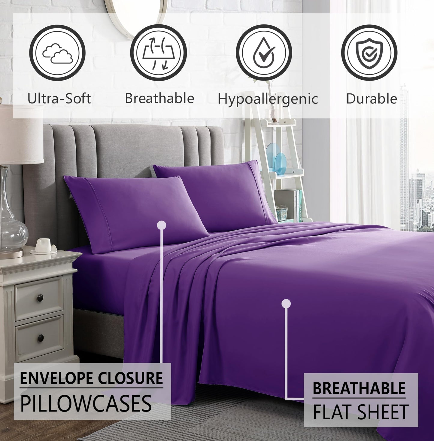 American Home Collection Full Size Sheet Set - Ultra-Soft Microfiber 15-Inch Deep Pocket - Wrinkle Free and Fade Resistant (Purple)