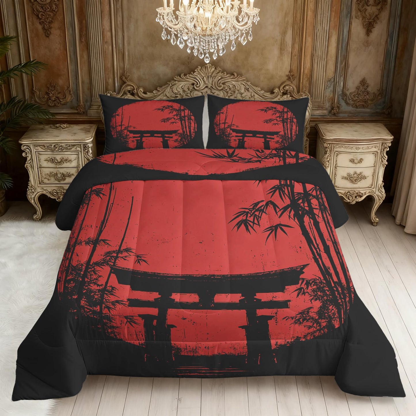 TANCAPRIUM Japanese Torii Comforter Set Queen - Red Sun Bedding Set & 2 Pilow Cases for All Season - Soft Reversible Down Alternative 3 Piece. Asian Bedrom Decor