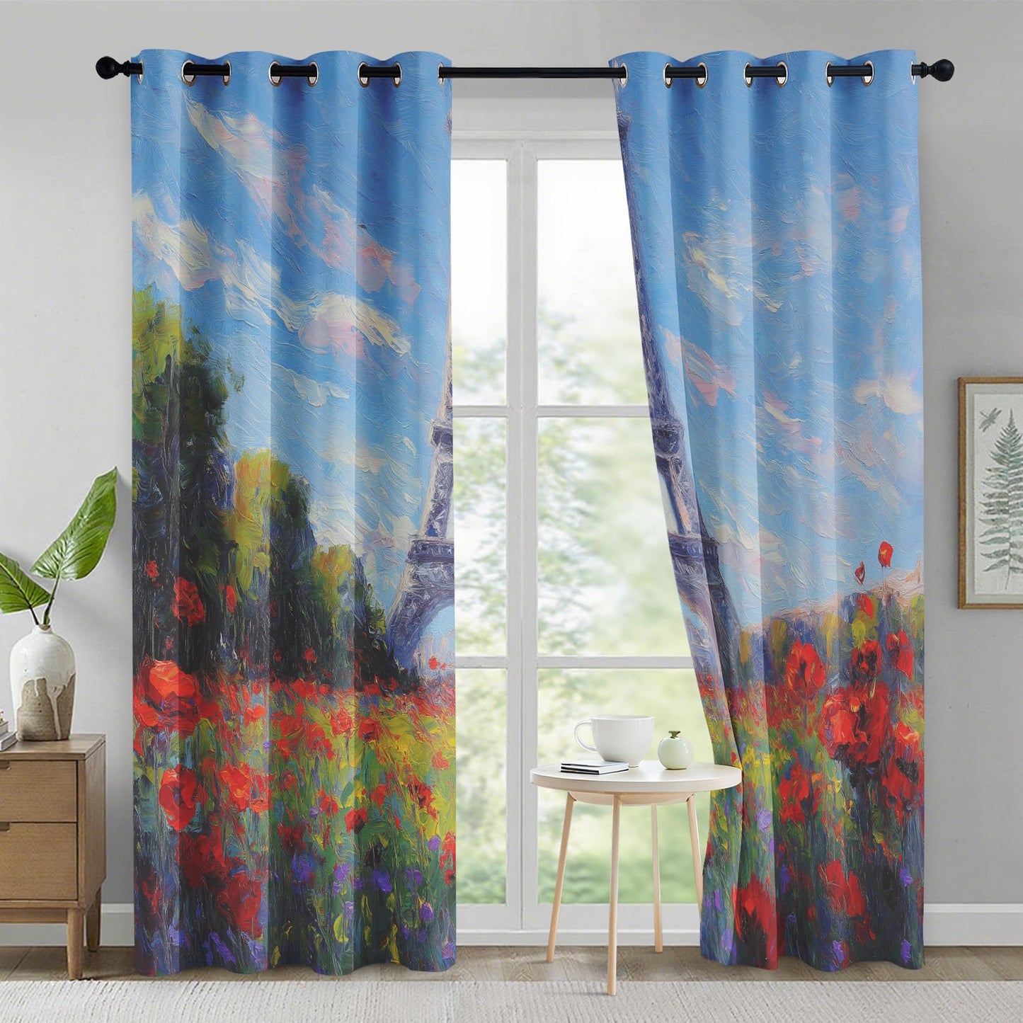 95% Blackout Eiffel Tower Curtains - Paris Wildflower Curtains for Bedroom Living Room Decor, Oil Painting Home Decor, Thermal Grommet Black Out Drapes 108 Inches Long 2 Panel Set X64