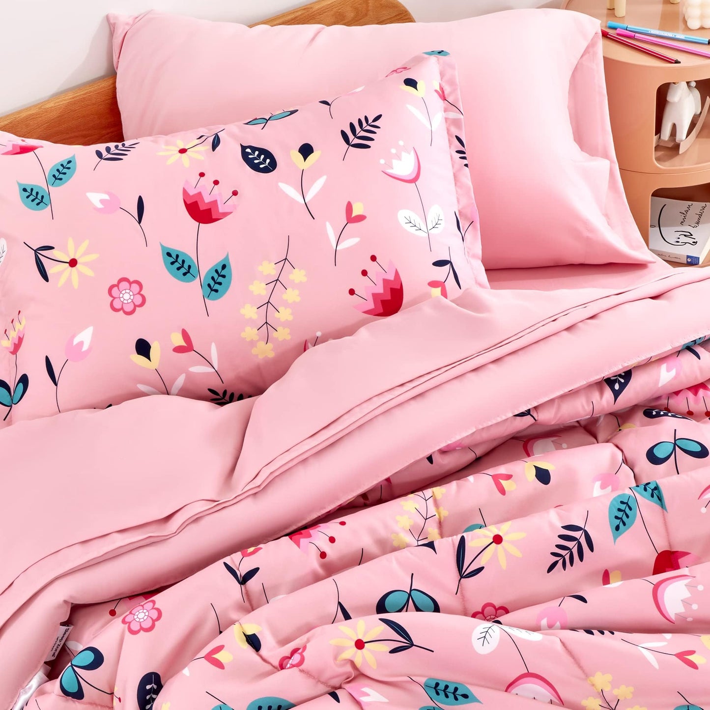 SLEEP ZONE Kids Twin Bedding Comforter Set - Super Cute & Soft Kids Bedding 5 Pieces Set with Comforter, Sheet, Pillowcase & Sham (Pink Flower)