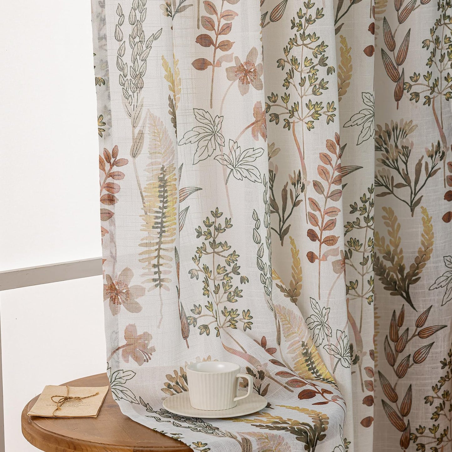 SUOUO Red-Brown Tropical Leaves Semi Sheer Curtains Linen Textured for Living Room Patterned Wildflower 84 inches Long Window Drapes for Dining Bedroom 2 Panels