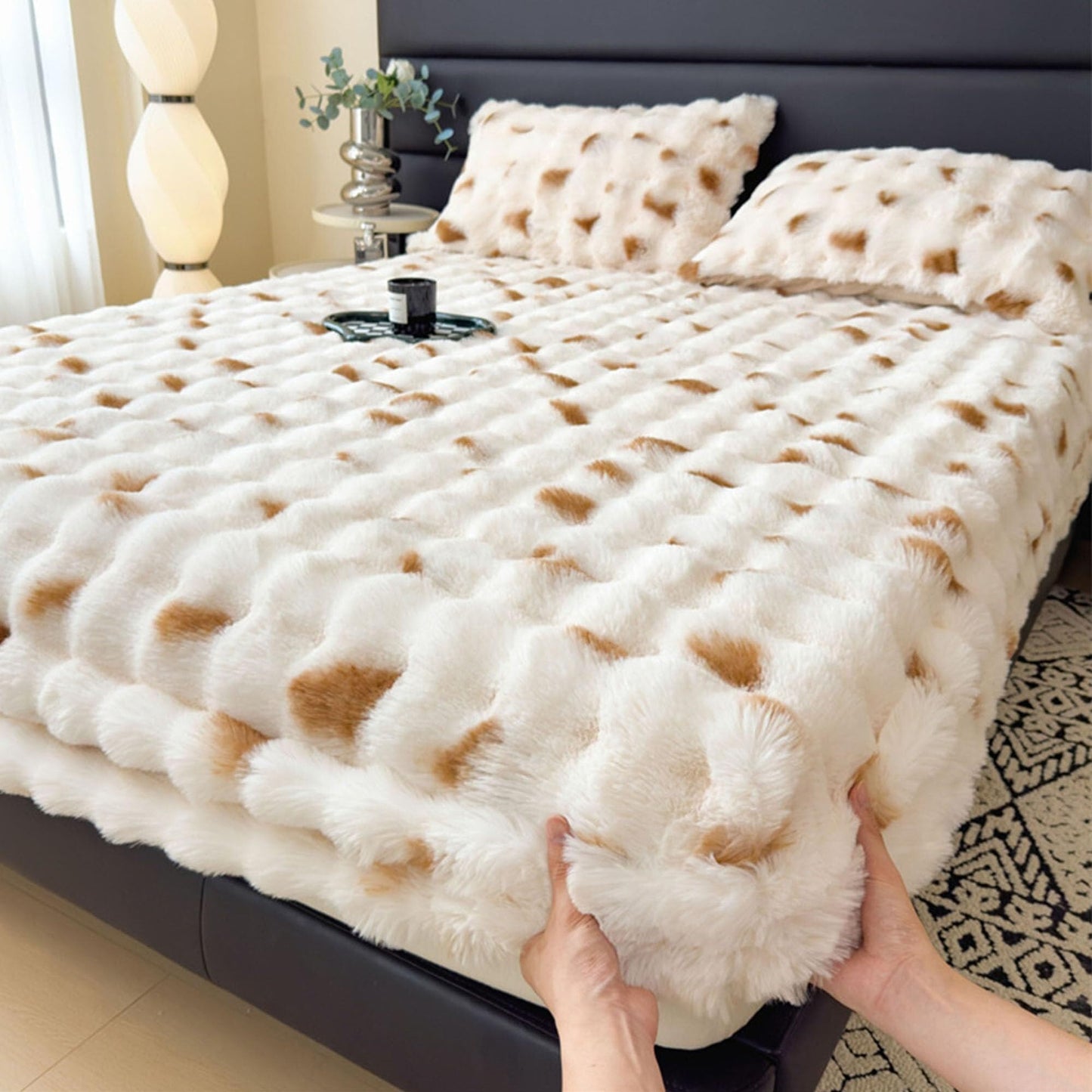 Elastic Bed Sheets, Milk Velvet Fitted Sheet, Winter Warm Mattress Cover, Faux Rabbit Fur Fitted Sheets, Fluffy Mattress Protector Bedspread, Machine Washable and Non-Fade(F,2 Pillowcases)