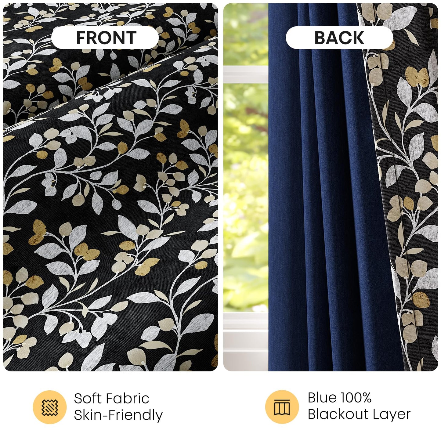 MIMUNULUX Vintage Floral Vine Leaf Print Blackout Grommet Curtains 84 Inch 2 Panels for Bedroom Living Room Improve Sleep Quality Protect Privacy Darkening Drapes Farmhouse (52" W x 84" L) Black