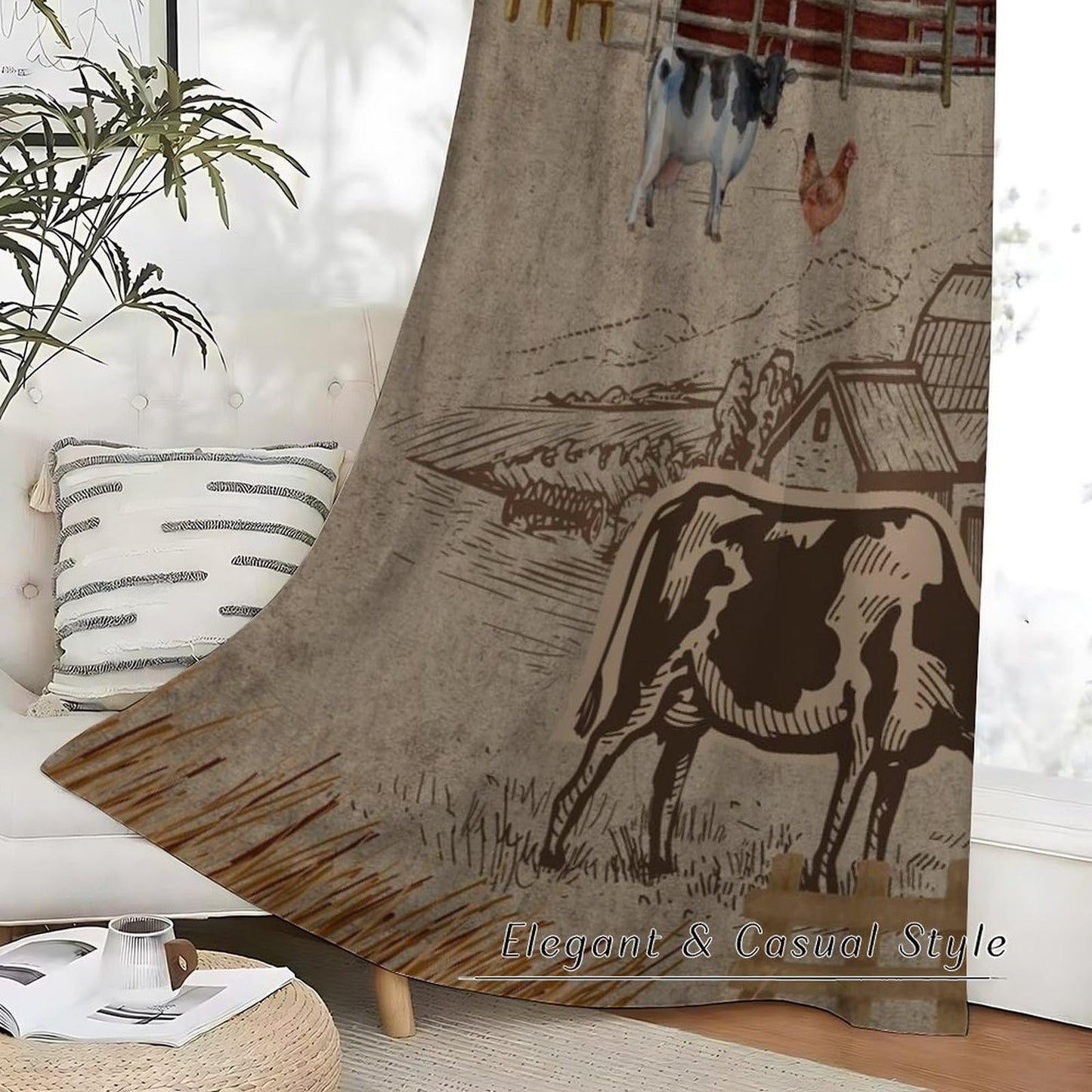 Tificats Farmhouse Cow Kitchen Curtains,Hand-Painted Vintage Red Barn Cow Rustic Tractor Windmill Welcome Sign Window Treatment for Bedroom Living Room Dining Room Cafe21 W x 45" L (Pack of 2)