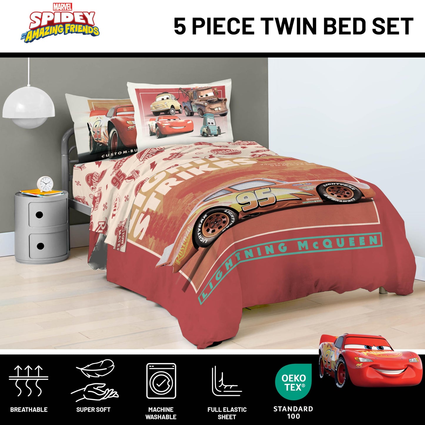 Jay Franco Kids Comforter Set Includes Sheets and Pillow Covers - Soft and Cozy Bed Set for Stylish Room Decor, Official Licensed Bedding, Red - Cars, 5 Piece Twin
