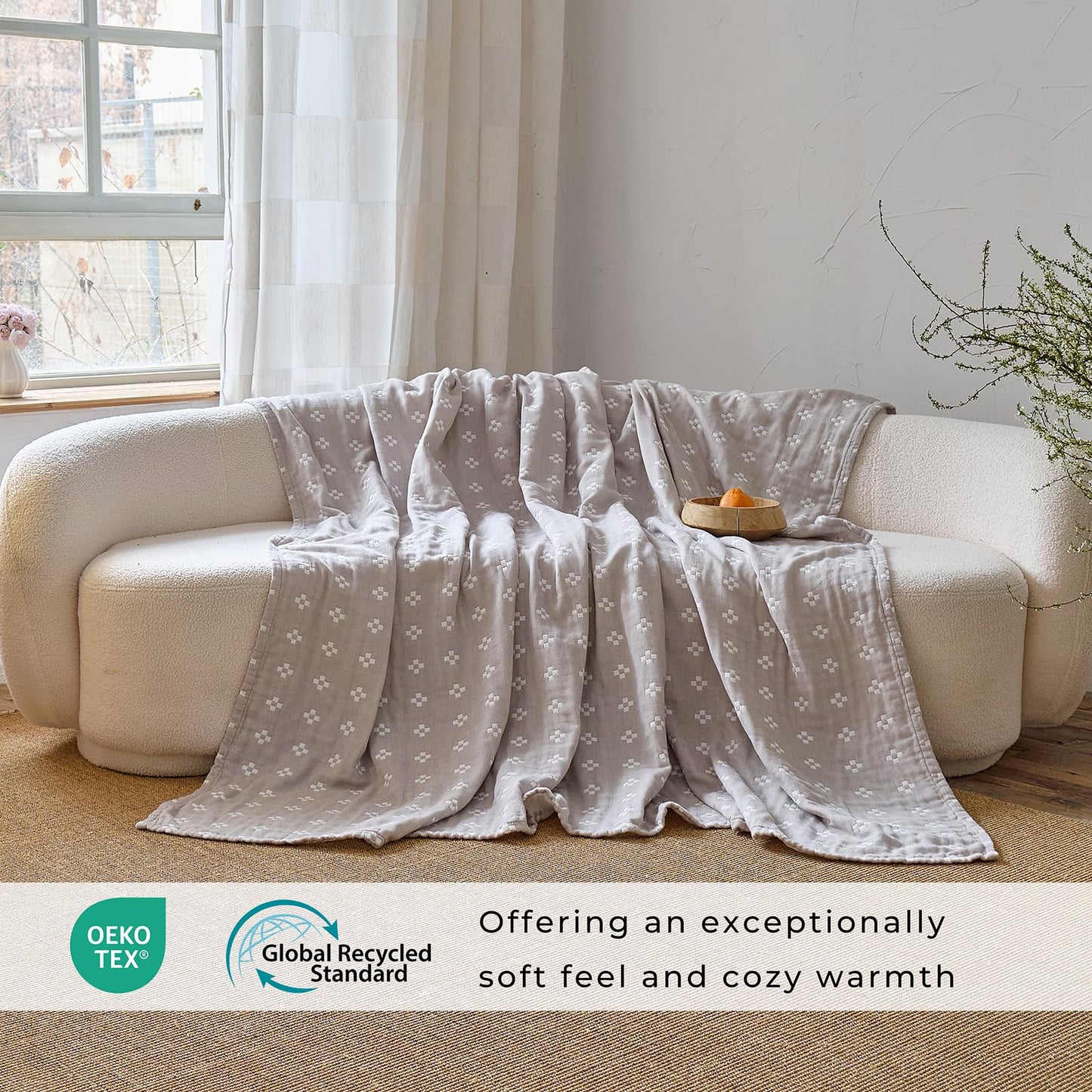 STASOPTK 100% Cotton Muslin Blanket, Soft Reversible 4-Layer Gauze Cotton Quilt,Checkered Blanket for Couch Twin Size Bedspread Room Decor Pinic Blanket, 60"×80", Grey/Off White