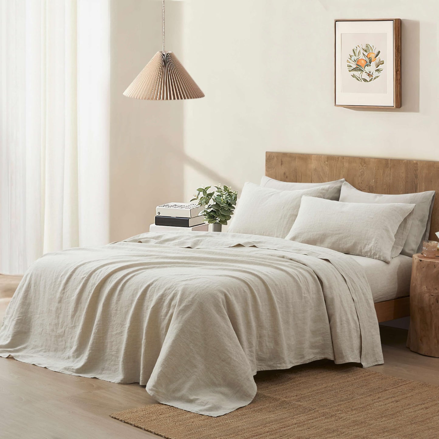 ATLINIA 100% Pure Flax Linen Bedding Set - Stone Washed French Linen Fabric Deep Pocket Fitted Sheet Farmhouse Flat Sheet 2 Pillowcases (Natural, Queen)