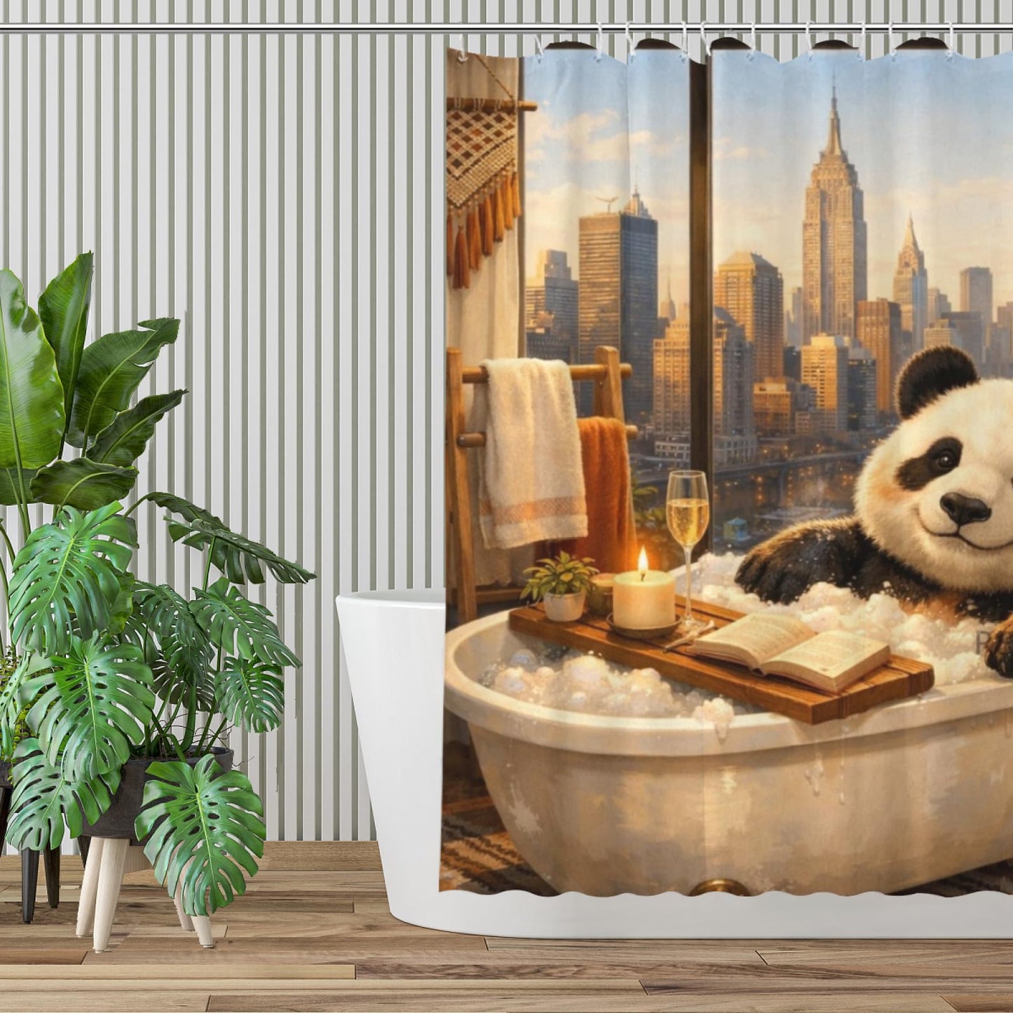 REZHOCH Funny Panda Boho Shower Curtain 72x72 Inch,Cute Animal Bathtub City Skyline Bathroom Decor Waterproof Fabric Urban Window View Modern Apartment Bath Set with Hooks