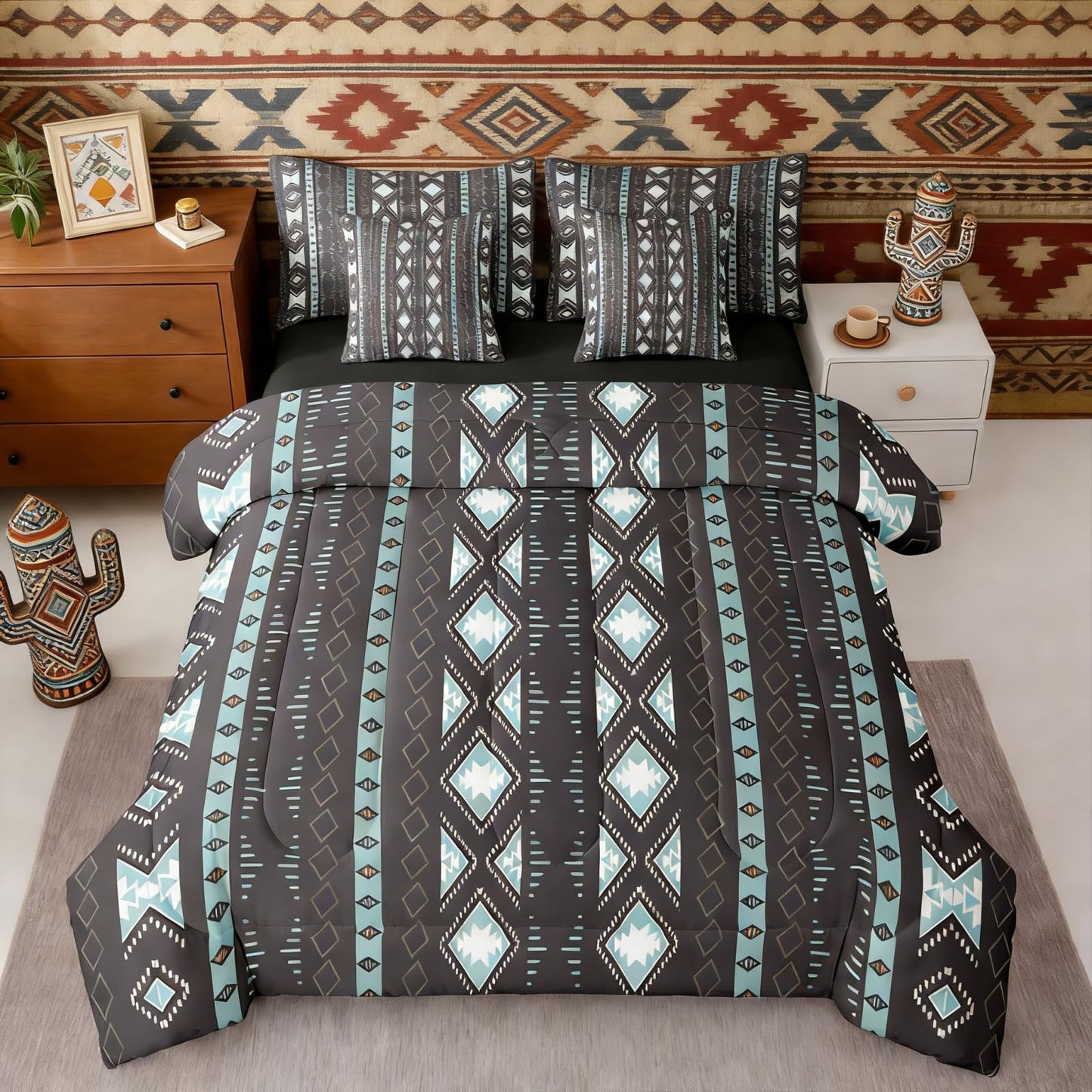 Bohemian Bed in a Bag Queen Comforter Set 7-Piece Boho Striped Aztec Bedding Sets Geometric Triangle Western Comforter and Sheet Set, Country Rustic Bed Sets Exotic Nordic Southwestern Decor,Black
