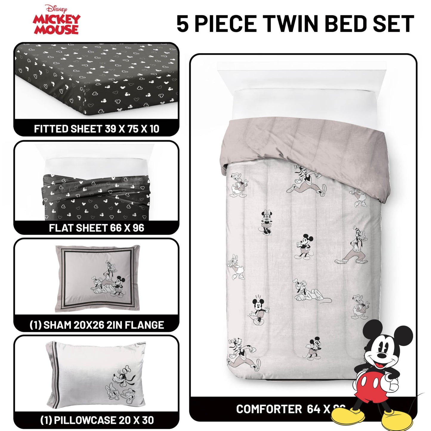 Jay Franco Kids Comforter Set Includes Sheets and Pillow Covers - Soft and Cozy Bed Set for Stylish Room Decor, Official Licensed Bedding, Beige - Mickey and Friends, 5 Piece Twin