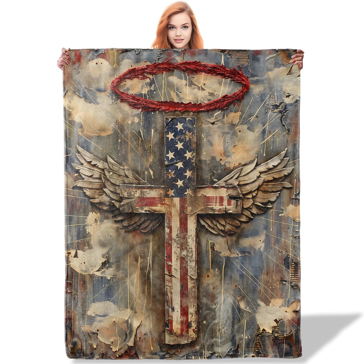 Plistiz Patriotic Angel Cross Throw Blanket 50"x60", American Flag Theme Blankets for Living Room Couch, Home, Sofa Decor, Soft Flannel Cross Gifts for Women