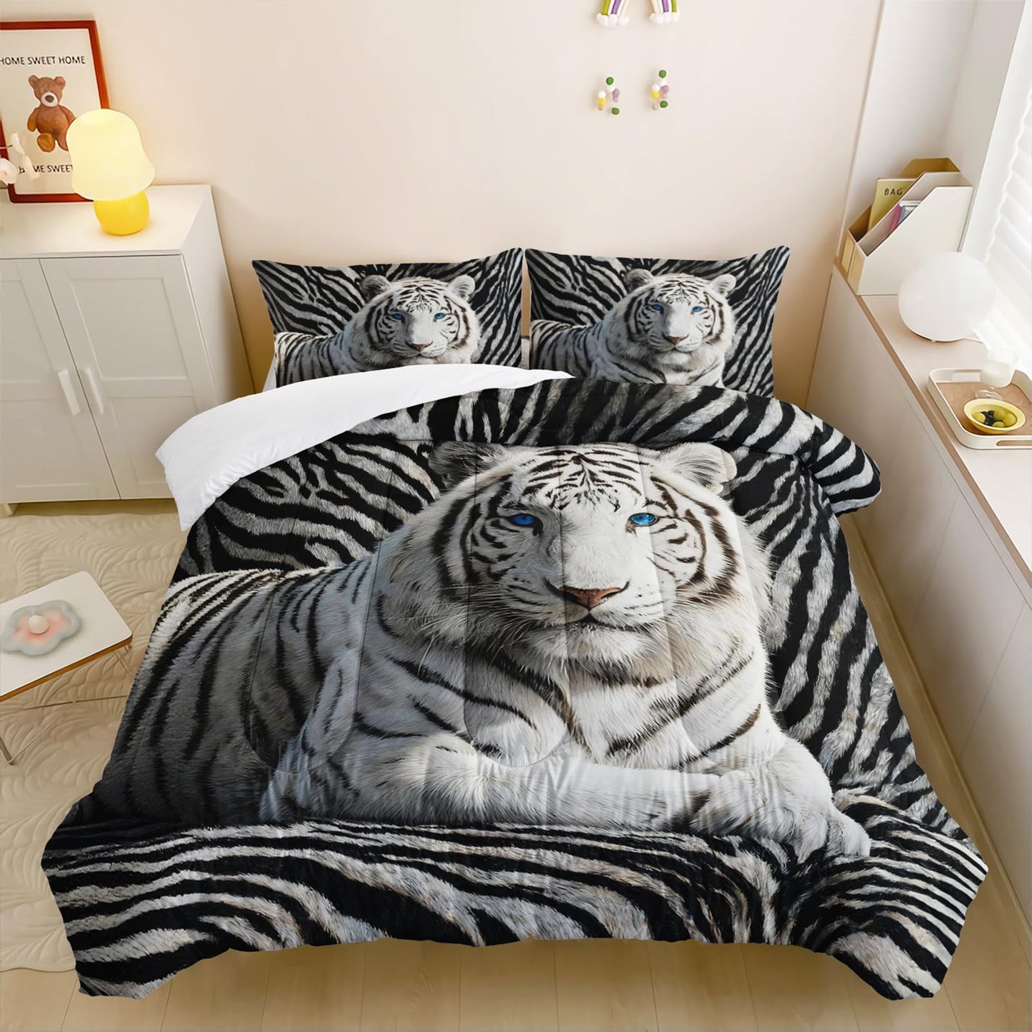 lneffble 3Pcs White Tiger Comforter Set Twin Size for Teen Boys Girls Room Decor,3D Animals Print Comforter Set,Wild Animals Theme Black White Stripe Tiger Bedding Set