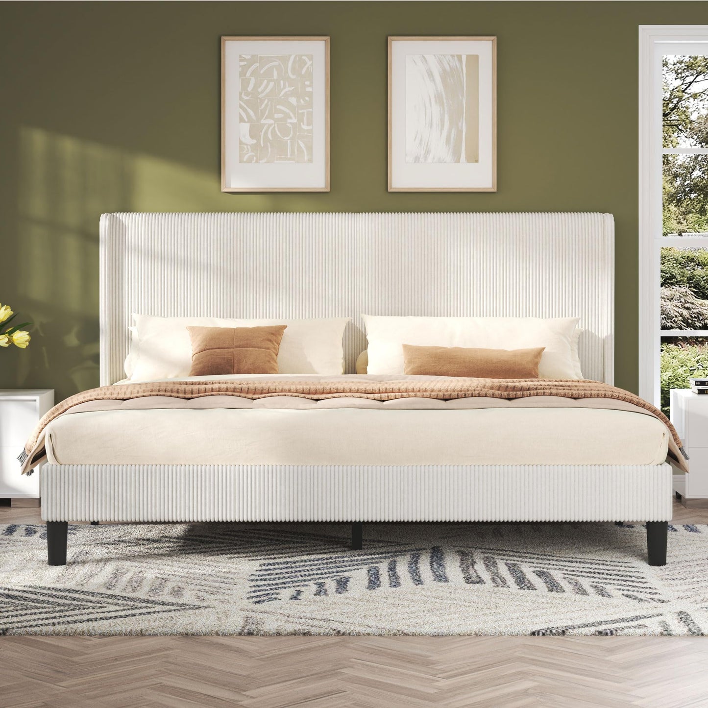 AMERLIFE King Bed Frame, Upholstered Platform Bed with Corduroy Headboard, Easy Assembly Modern White Bed Frame with Wooden Slats Support, No Box Spring Needed