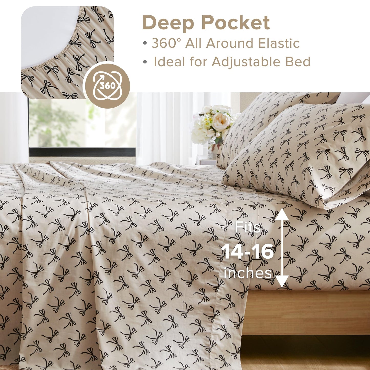 Comfort Spaces 100% Cotton Sheets Full, Breathable, Naturally Cool Cotton Sheets, Soft Cotton Bed Sheets with 14" Elastic Pocket Fits up to 16" Mattress, All Seasons Sheet Set, Bow Black/Taupe 4 Piece